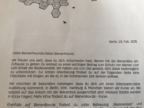 Neue Bienenbox 2015 Brief