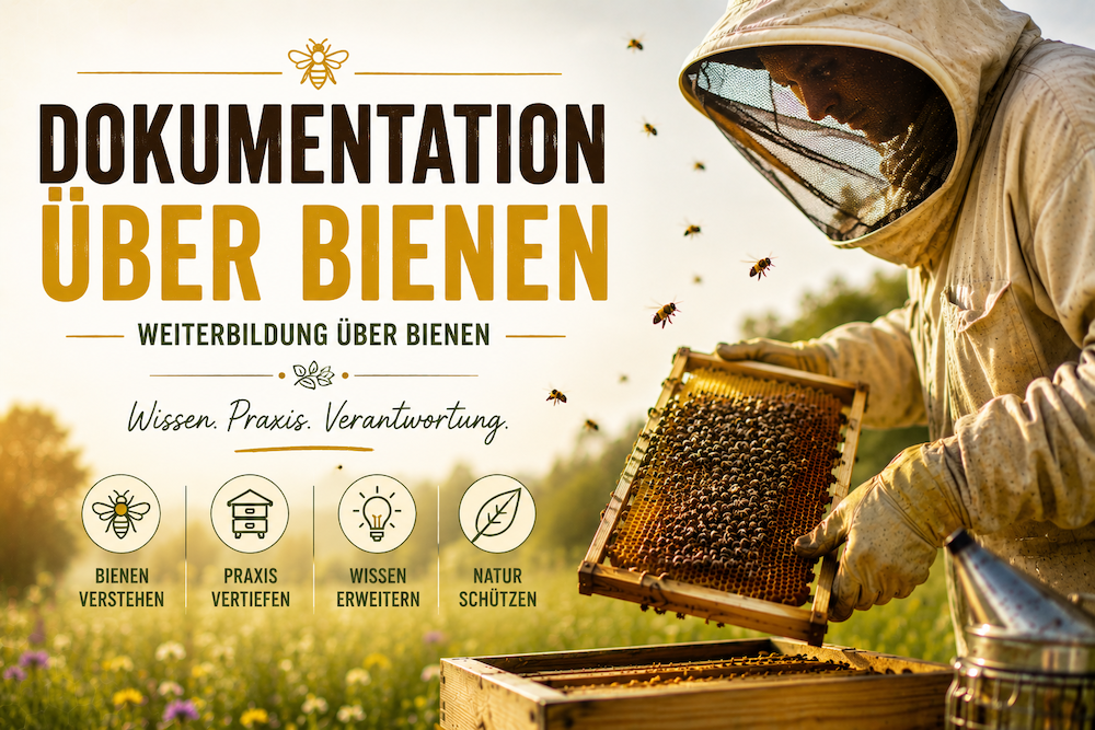 Imker in Schutzkleidung hält eine mit Honigbienen besetzte Wabe vor einem geöffneten Bienenstock auf einer blühenden Wiese bei Sonnenuntergang. Darüber der Schriftzug „Dokumentation über Bienen – Weiterbildung über Bienen“.