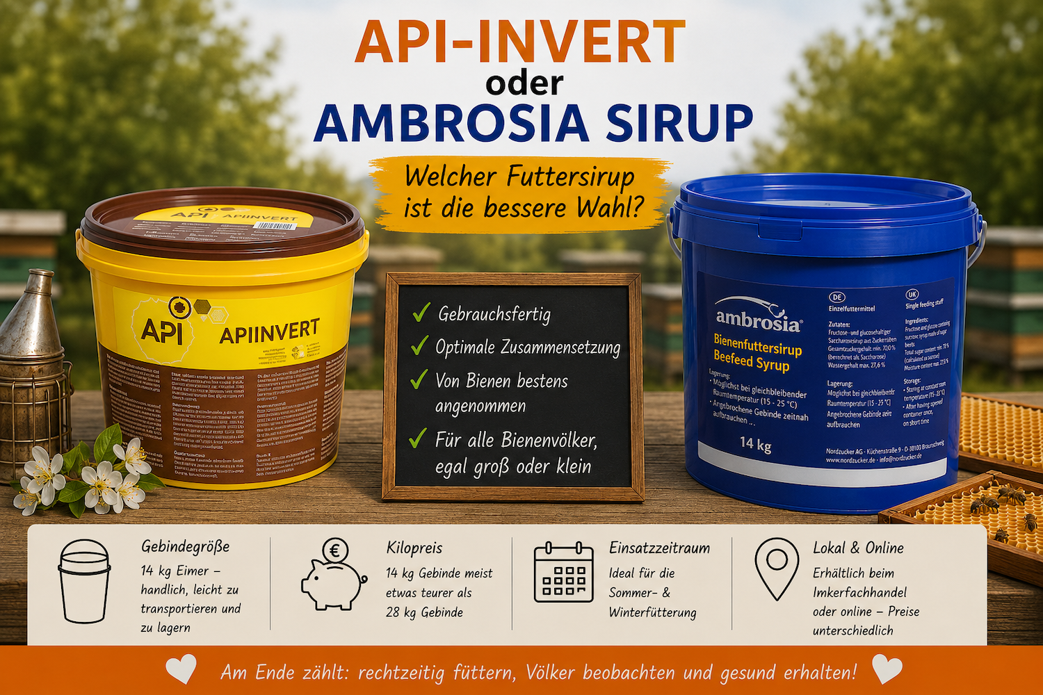 Bild zeigt Api-Invert und Ambrosia Sirup für Honigbienen Fütterung