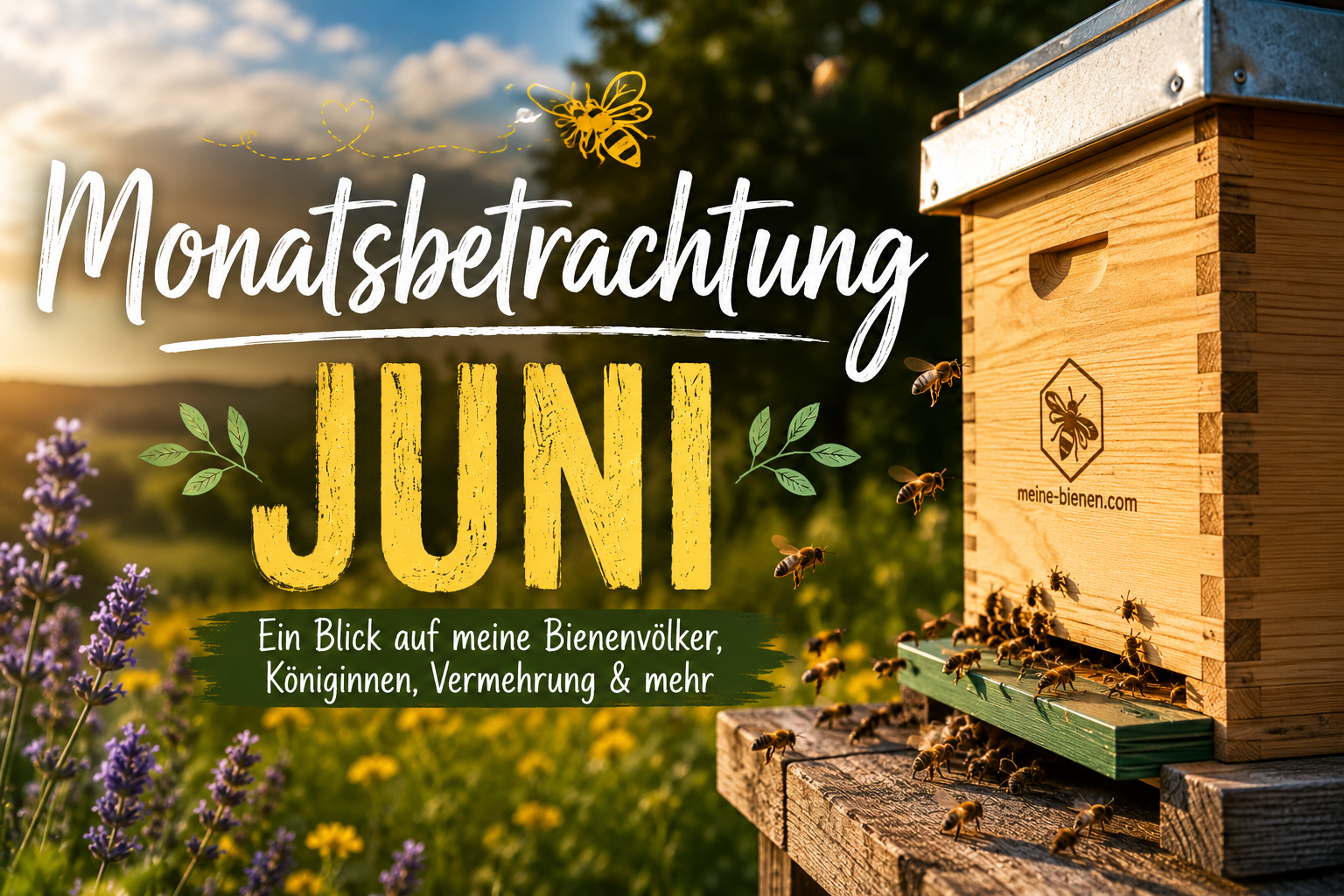 Monatsbetrachtung Juni Bild von einer Beute mit fliegen Bienen davor.